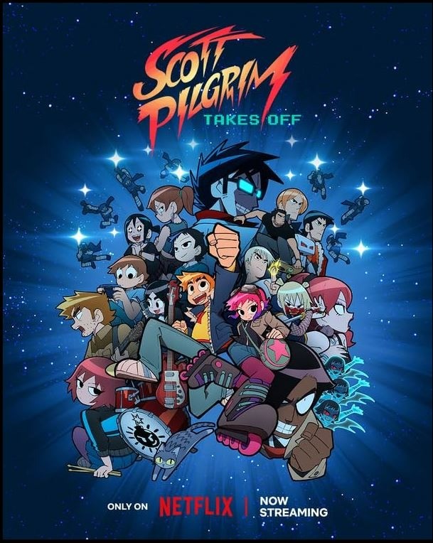 The Poster for Scott Pilgrim Takes Off. In front of a starry space background the cast poses bunched up.