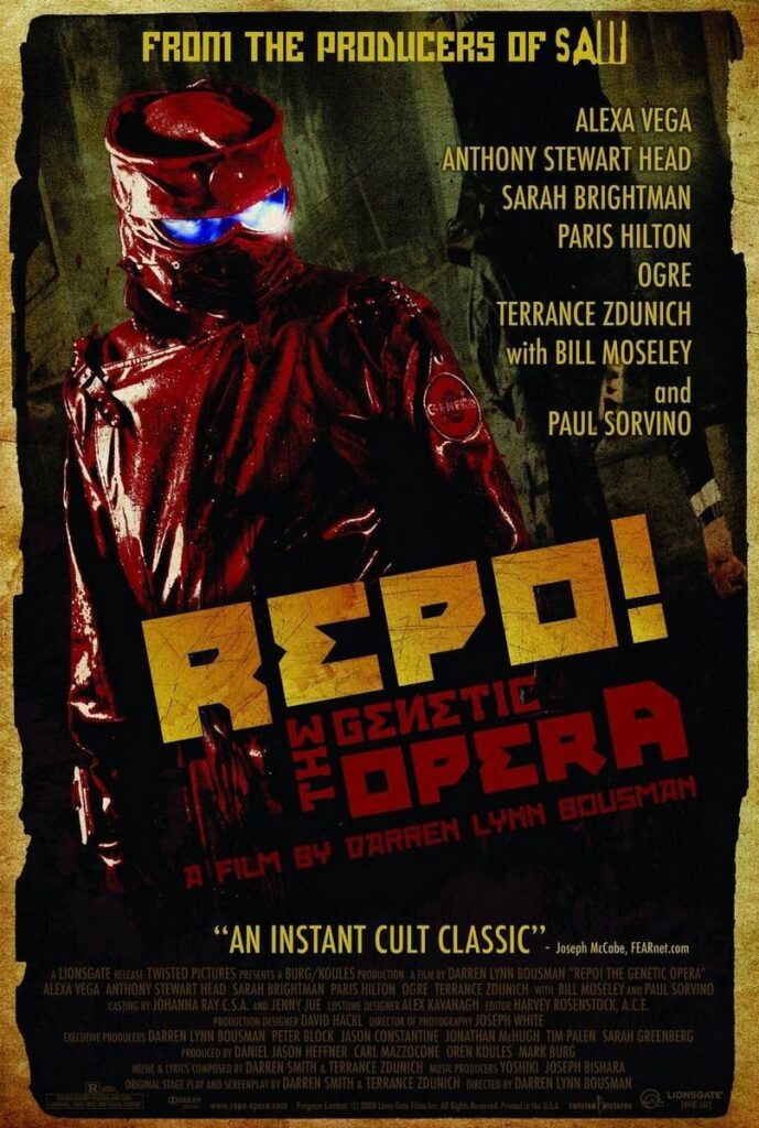 A Poster for Repo! The Genetic Opera. It shows the Repo Man, a figure clad in thick rubber gear with a bucket-like hood, the eyes through the view-port illuminated in blue, and a GeneCo-logo on the arm.