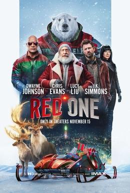 The poster for Red One, showing the main cast, vastly overselling on the anthopomorphised polar bear. Before them, a sleek sleigh and some reindeers.