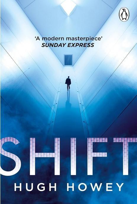 The cover of Shift, second book of Silo-trilogy, by Hugh Howey. In blue and white colours, it shows a walkway between two slanted walls made from large elements. On the end of the corridor there is a double-door, above which a bright white light illuminates the scene. Two thirds of the way the silhouette of a person can be seen, moving towards the door. On the lower edge of the cover the author's name is written in solid white letters, and above that the book title, starting solid white on the bottom and being overlayed towards the top with a CRT colour matrix.