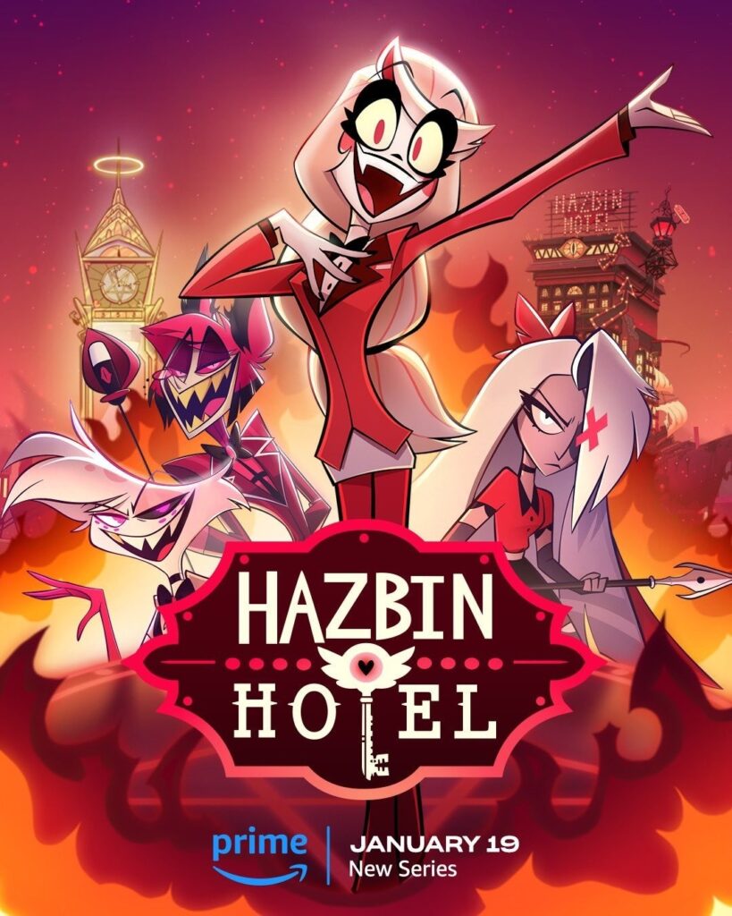 The poster for Hazbin Hotel. It features Charly Morningstar, main character and Princess of Hell, Alastor, the most glorious Radio Demon, and Vaggie, friend and protector of Charly. In the background the Hazbin Hotel and I think the Embassy of Heaven?
