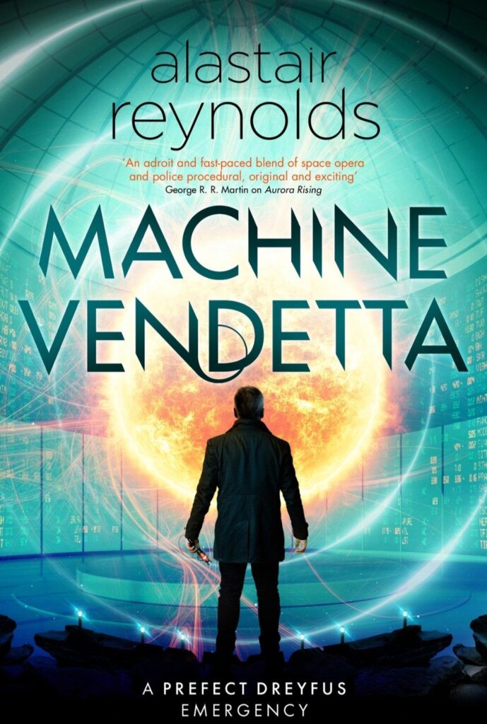 The Cover of Machine Vendetta, by Alastair Reynolds It shows the silouette of a man from behind, looking at a floating, glowing ball, almost a miniature star, surrounded by floating displays full of numbers.