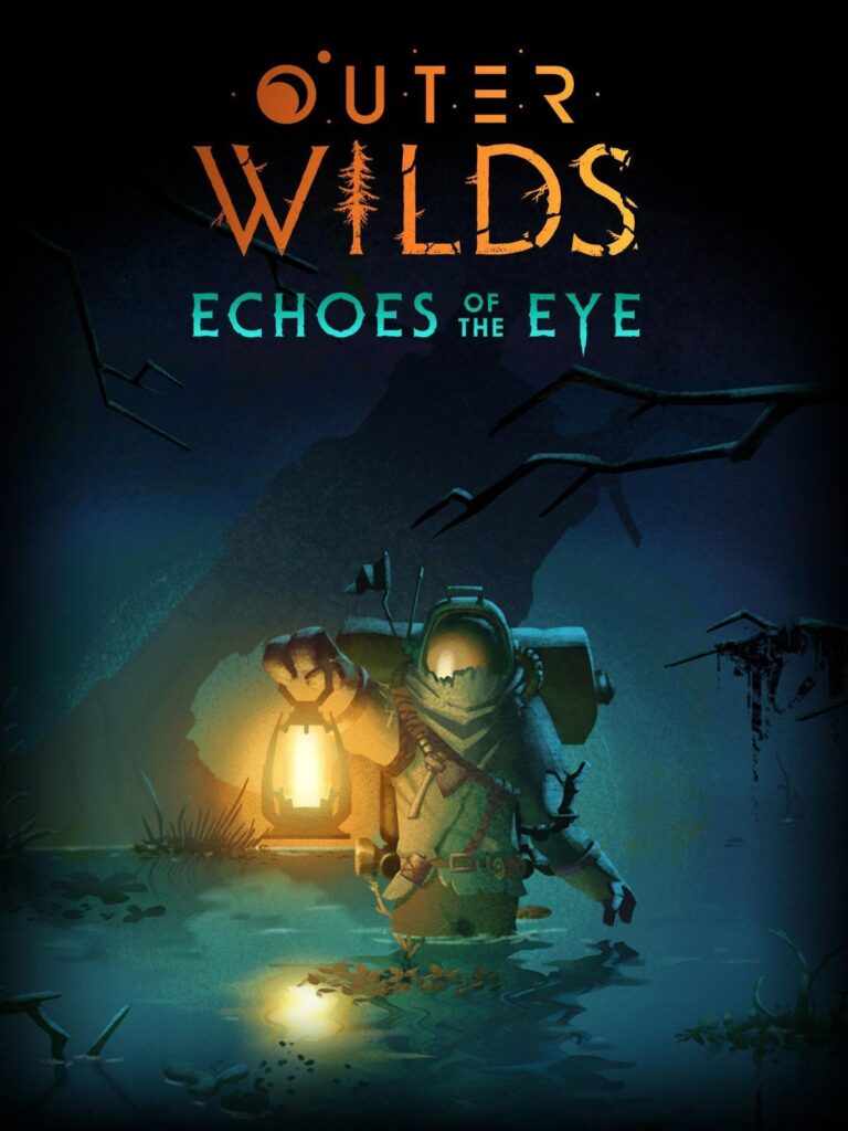 A promotional picture for Outer Wilds: Echoes of the Eye. It shows the hatchling in their suit wading through a dark and forested wetland, holding a lantern in front of them.