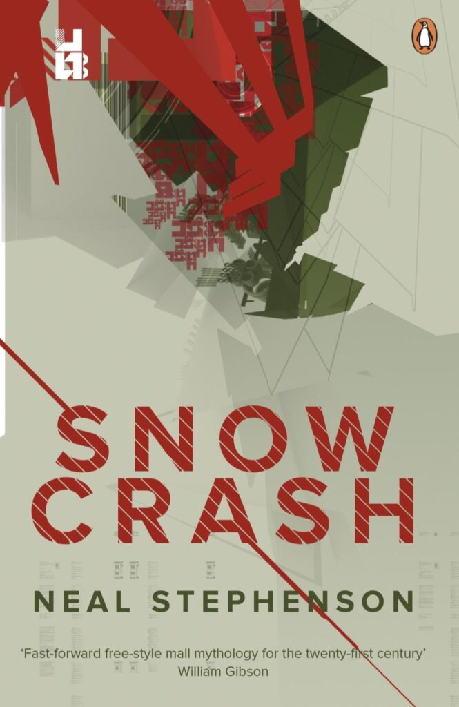 A cover for Snow Crash, by Neal Stephenson. It shows on a beige background red abstract shapes, not quite but somewhat fractal-ish, and some very small icons and textpieces as if on microfinche.