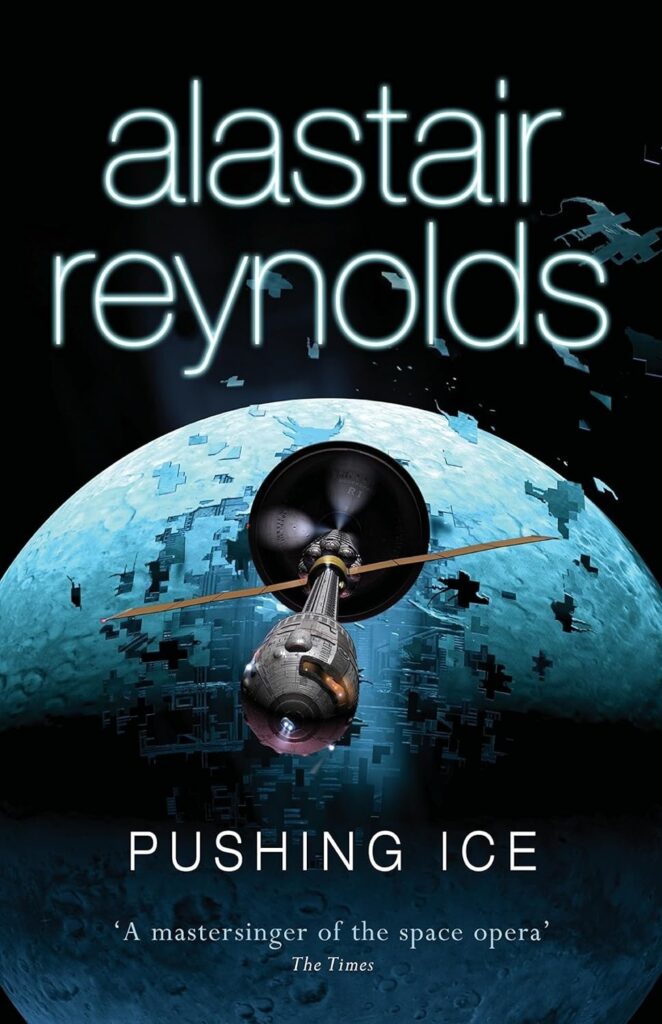 The cover of Pushing Ice, by Alastair Reynolds. In front of a black background, a torch-ship is shown with the engine away from the viewer, descending on a moon, the surface of which is peeling away in puzzle-piece chunks, revealing some kind of technological structure underneath.