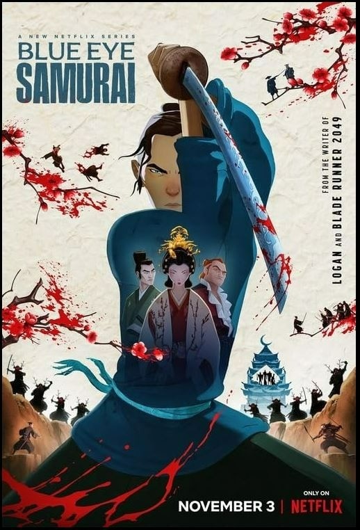 The poster for Blue Eye Samurai. It depicts the protagonist, Mizu, a japanese person with blue eyes, a katana in hands, in a wide stance at the end of a swing. The blade draws a splatter of blood, and all around Mizu the drops integrate themselves with red blooming twigs of (what I assume to be) cherry trees. On the twigs several miniature-Mizus are engaged in fighting scenes with another minature characters. In the lower background Mizu faces an opponent across a chasm, with a group of armed dark figures with antlered helmets surrounding the cliff. Further in the background a pagoda with several outlined figures can be seen. Mizu's upper body is superimposed with three of the other primary characters: Princess Akemi in the front, Taigen to the left, and Abijah Fowler to the right.