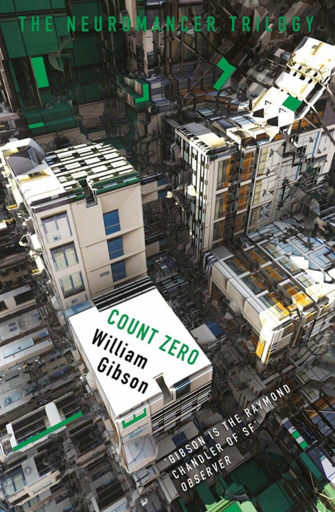 The cover of Count Zero, by William Gibson. As the one for Neuromancer, it shows a very disorienting collage of rooftops and facades without any apparent respect for perspective.