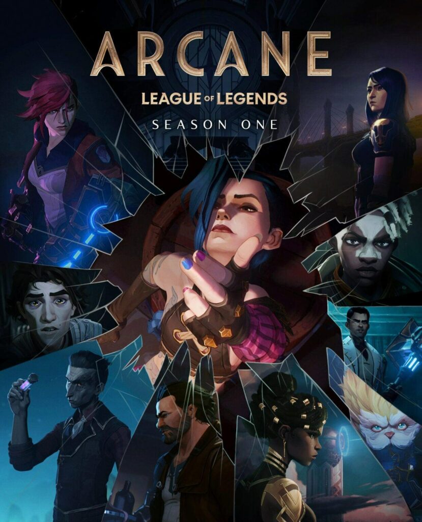 A poster for Arcane S01 It depicts in its middle Jinx performing a finger guns-gesture, surrounded by mirror shards depicting the rest of the cast.