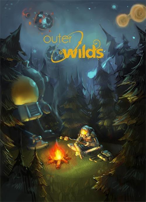 A Poster for Outer Wilds. It shows in an oil-painting-style the protagonist roasting marshmellows in front of a campfire in a forest, with the spacecraft parked next to him. In the sky some of the planets of the game's solar system can be seen.