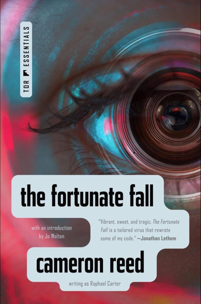 The cover of The Fortunate Fall, by Cameron Reed. It shows a close-up of a human eye overlayed with camera objective.