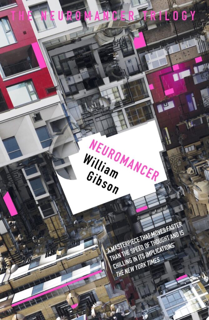 The cover, or probably rather A Cover of Neuromancer, by William Gibson. It shows, I think, a very disorienting... It is very disorienting, by design, and it shows either a top-down photo of rooftops or a collage of rooftops and facades, and I think it's the latter.