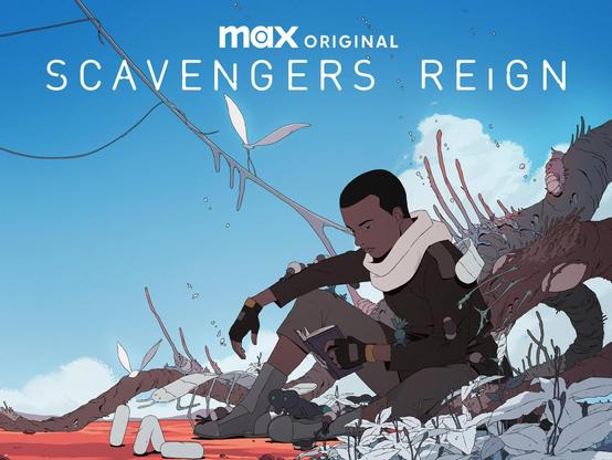 A poster for Scavengers Reign. Depicted is Azi, one of the main characters, a lean dark-skinned woman with short hair and rugged clothing, sitting on the ground and reading a small book. Azi is surrounded by various fauna and flora of the planet the series takes place on.