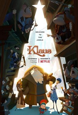 The poster of the movie Klaus from 2019. Depicted is the main cast in a christmas tree-silhouette, drawn by two houses containing characters from the feuding village clans.