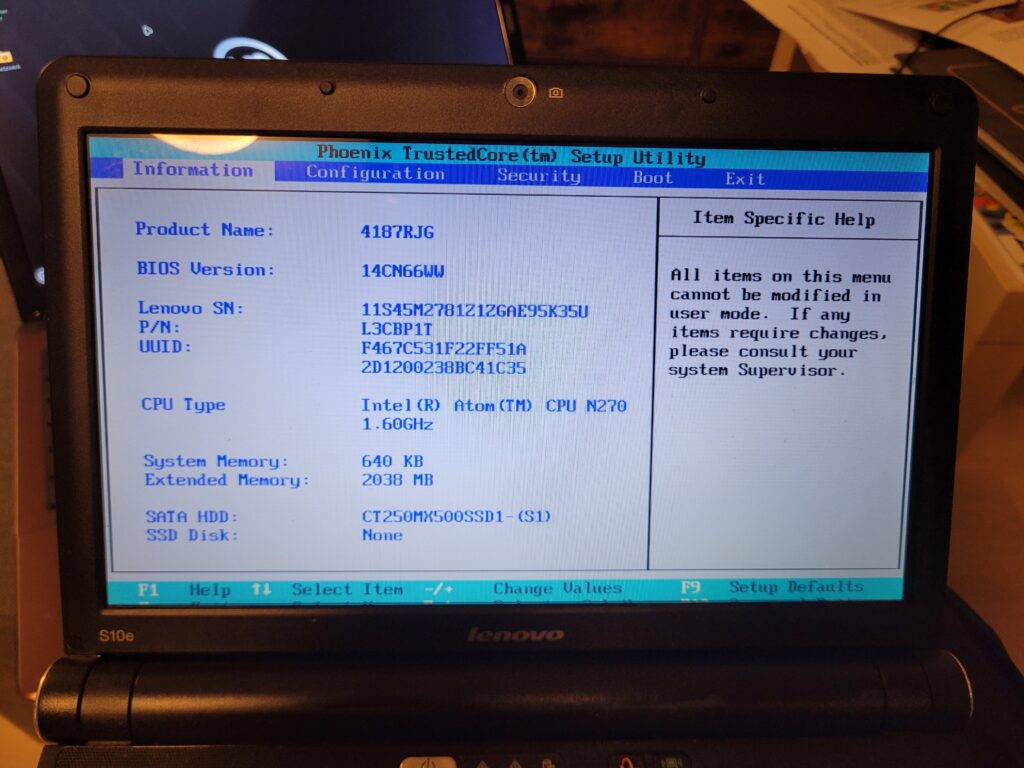 The screen of my old Lenovo Thinkpad S10e, being too small to display fully its own BIOS.