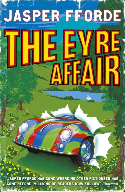 The cover of The Eyre Affair, by Jasper Fforde.
It shows a stylized hilly landscape with a lake in the background, several trees on the side, and yellow flowers. Through the middle of it bursts a sports car, painted in red, green and blue psychodelic stripes, around it white tears like the backside of a torn canvas.
The author's name is written in white block letters on the top, beneath that is the title in black-and-red-rimmed yellow letters, the words wedge-shaped in two blocks forming most of a rectangle.